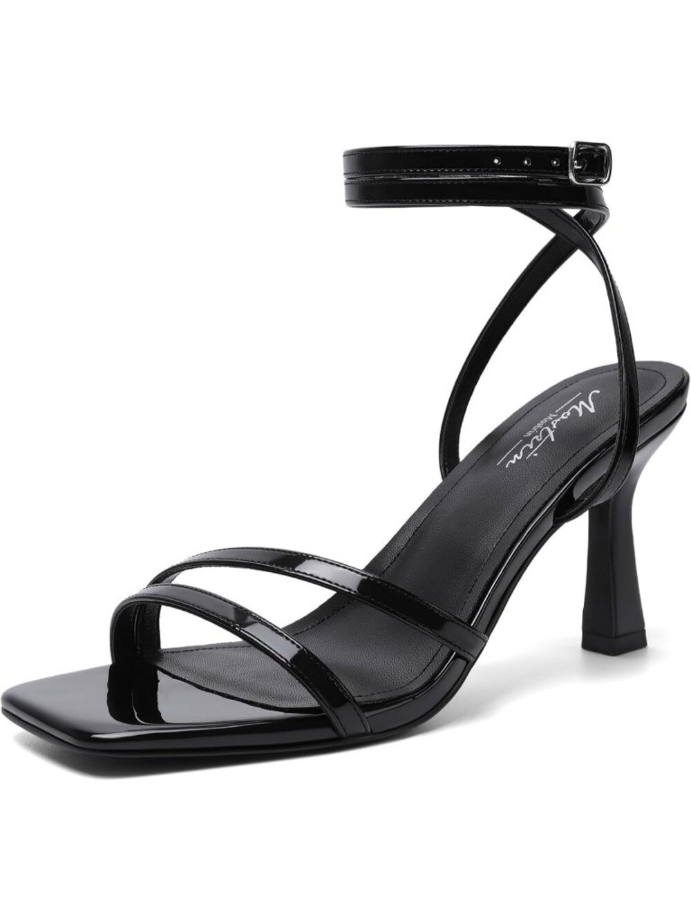 Women's Patent Black Ankle Strap Lace Up Heel Square Open Toe High Heeled Sandal